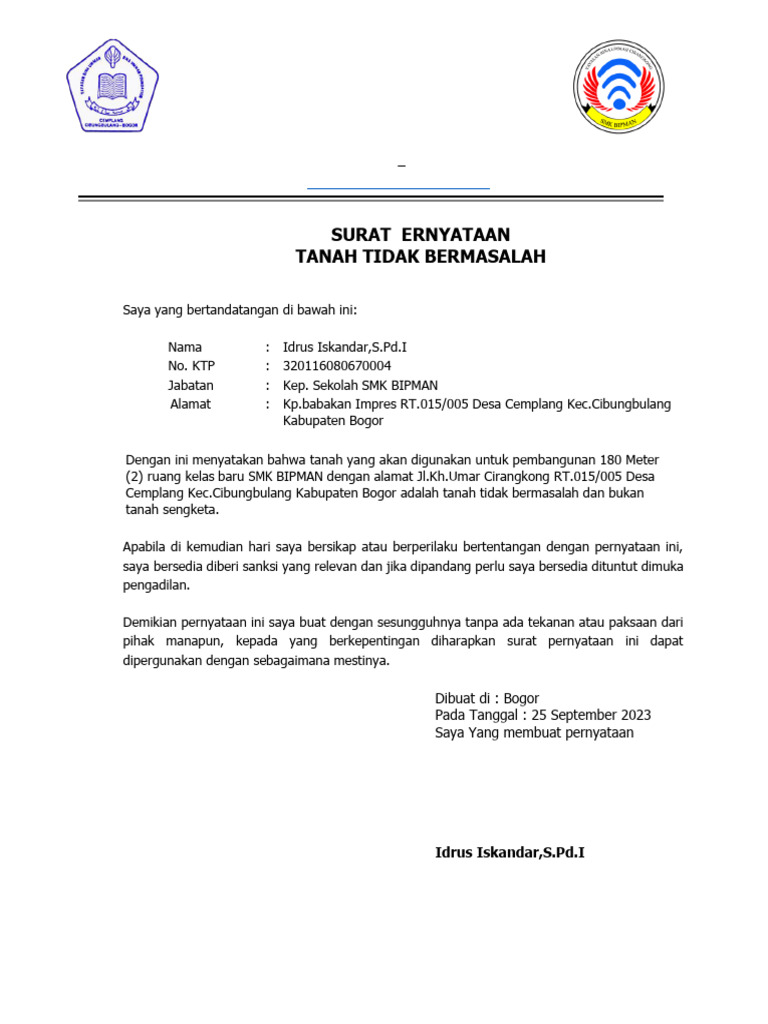 Draft Surat Pernyataan Tanah Tidak Bermasalah | PDF