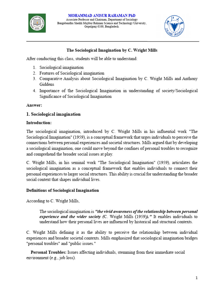Understanding Sociological Imagination | PDF | Sociology | Gender Role