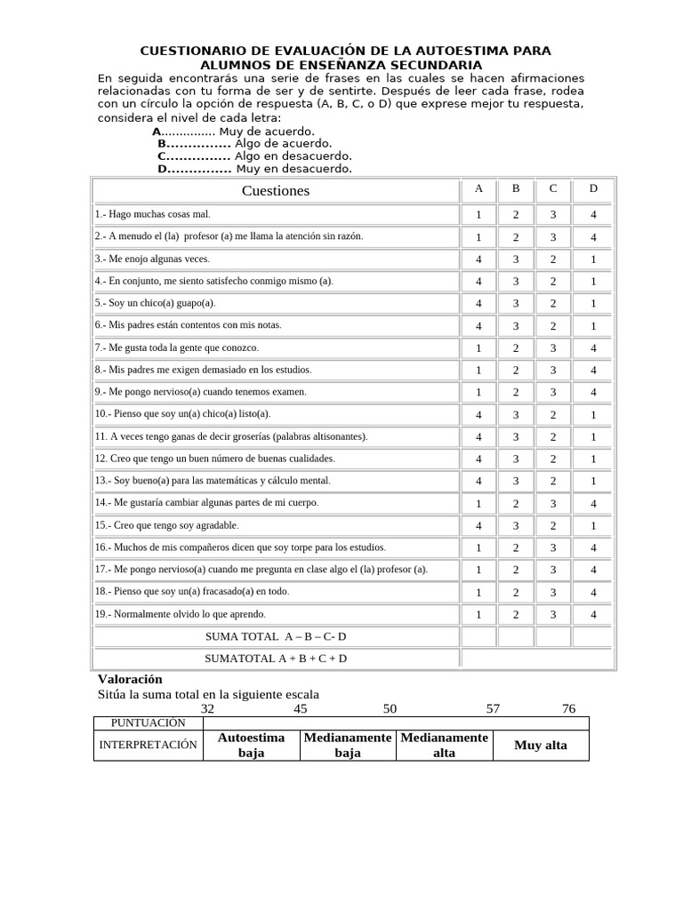 Cuestionario de Autoestima para Secundaria | PDF