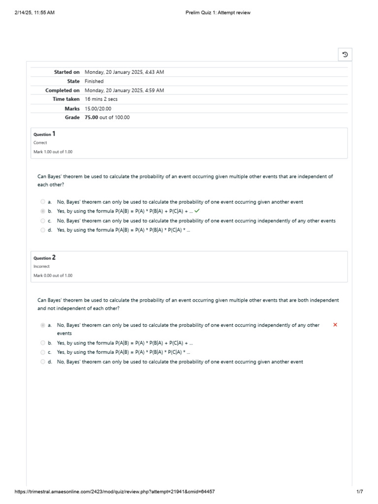 Prelim Quiz 1 - Attempt Review 2 | PDF | Probability | Bayesian Probability