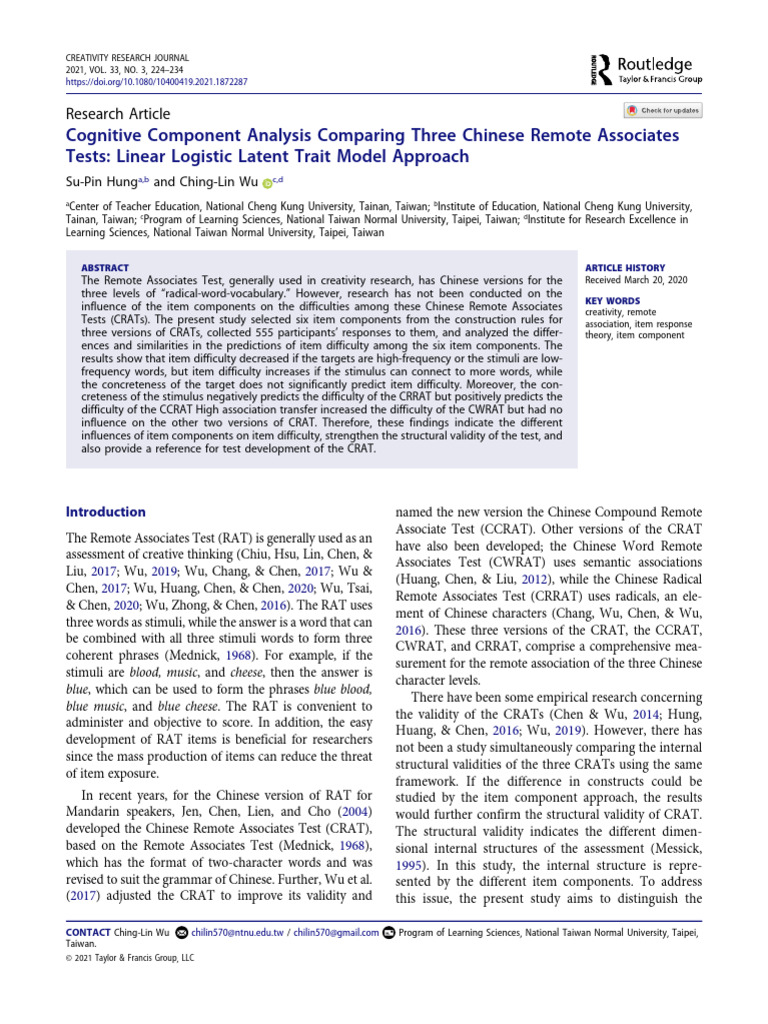Analysis of Chinese Remote Associates Tests | PDF | Behavioural ...