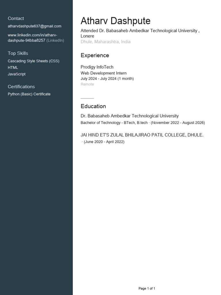 Atharv Dashpute - Web Developer Profile | PDF