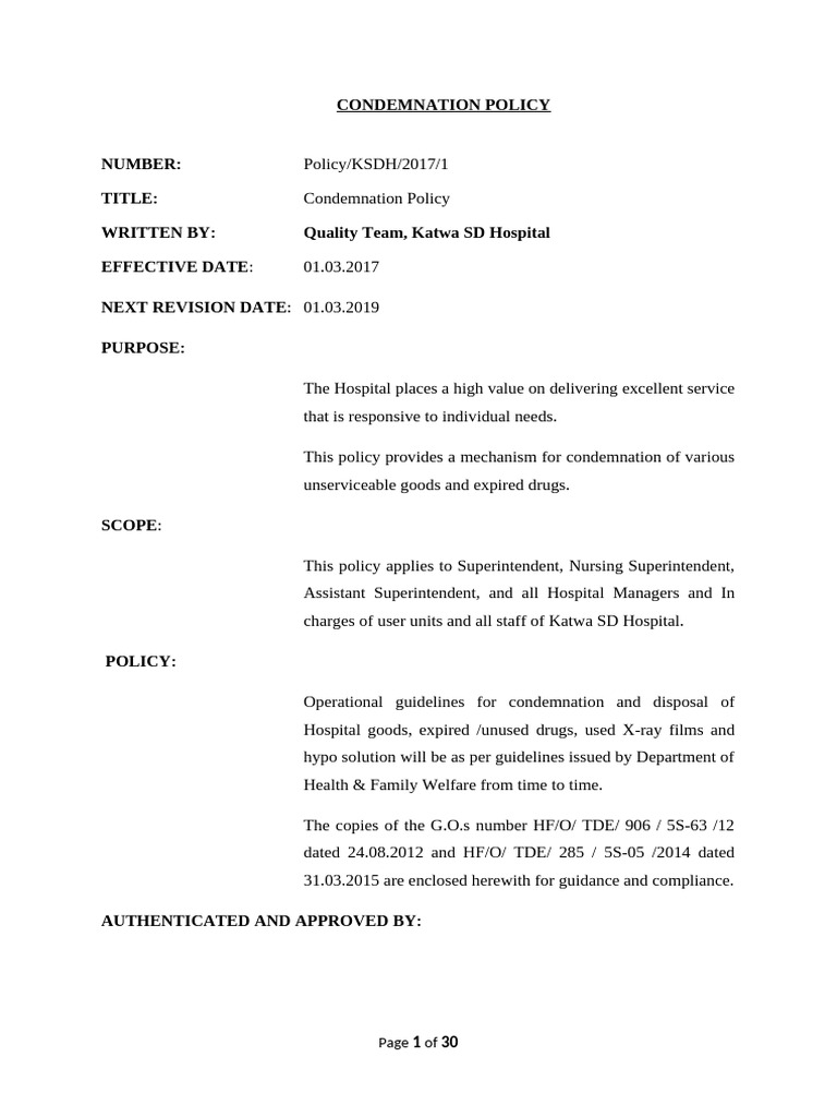 Katwa SD Hospital Condemnation Policy | PDF