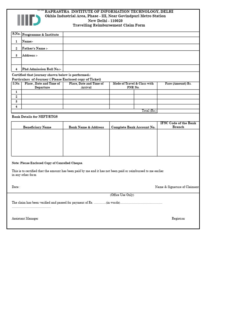 Travelling Reimbursement Claim Form | PDF