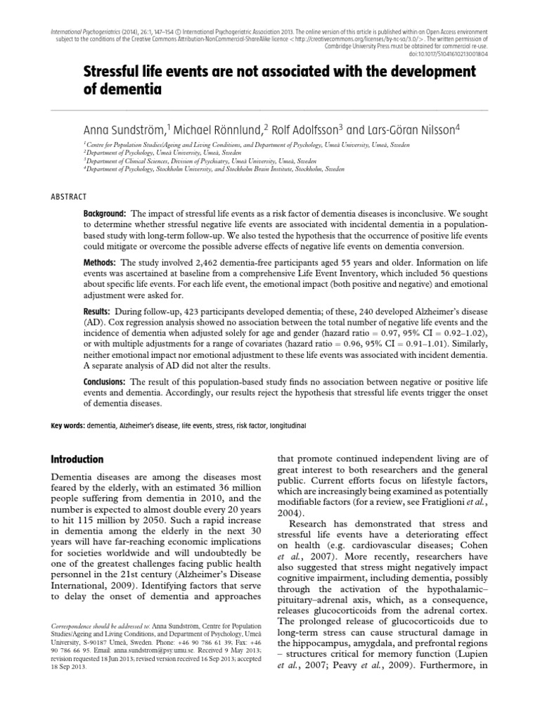 Stressful Life Events and Dementia Risk | PDF | Dementia | Cohort Study