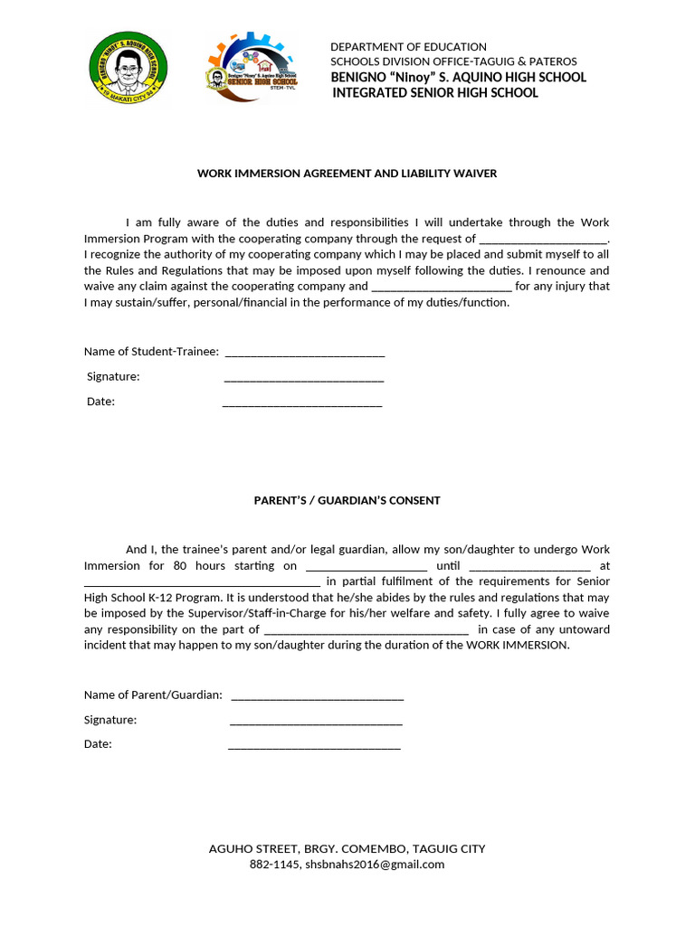 Work Immersion Agreement & Waiver | PDF