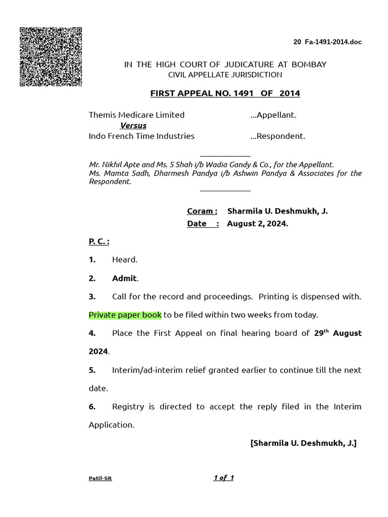 Appeal 1491/2014: Themis vs Indo French | PDF