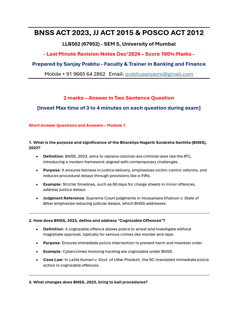 BNSS 2023: Key Reforms and Provisions | PDF | Bail | Arrest