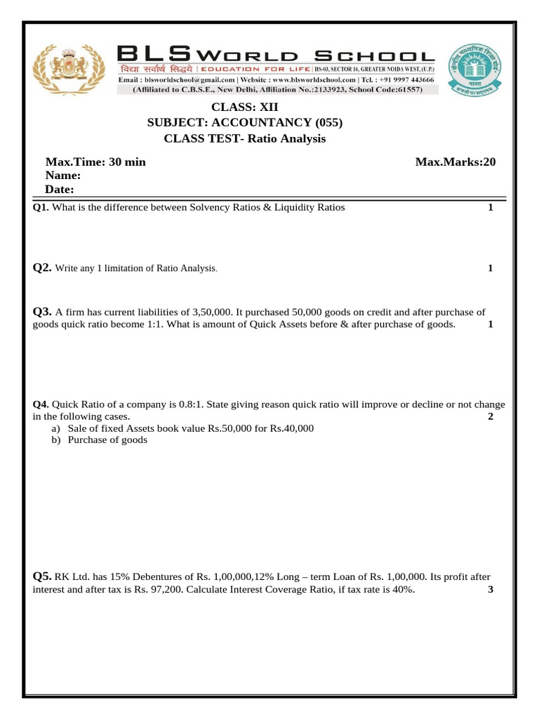 Class 12 Ratio Analysis Test Questions | PDF