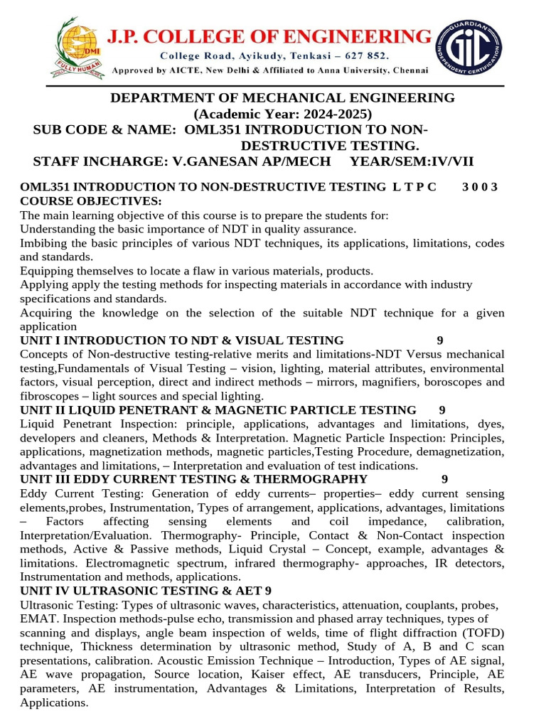OML351 Non-Destructive Testing Overview | PDF | Nondestructive Testing ...