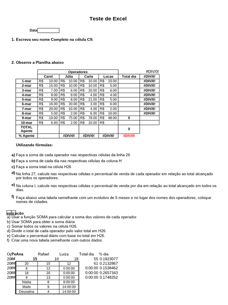 Teste Prático de Excel com Fórmulas | PDF | Microsoft Excel