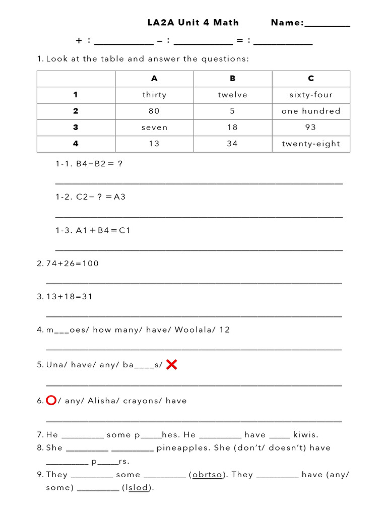 LA2A Unit 4 Worksheet 1 | PDF