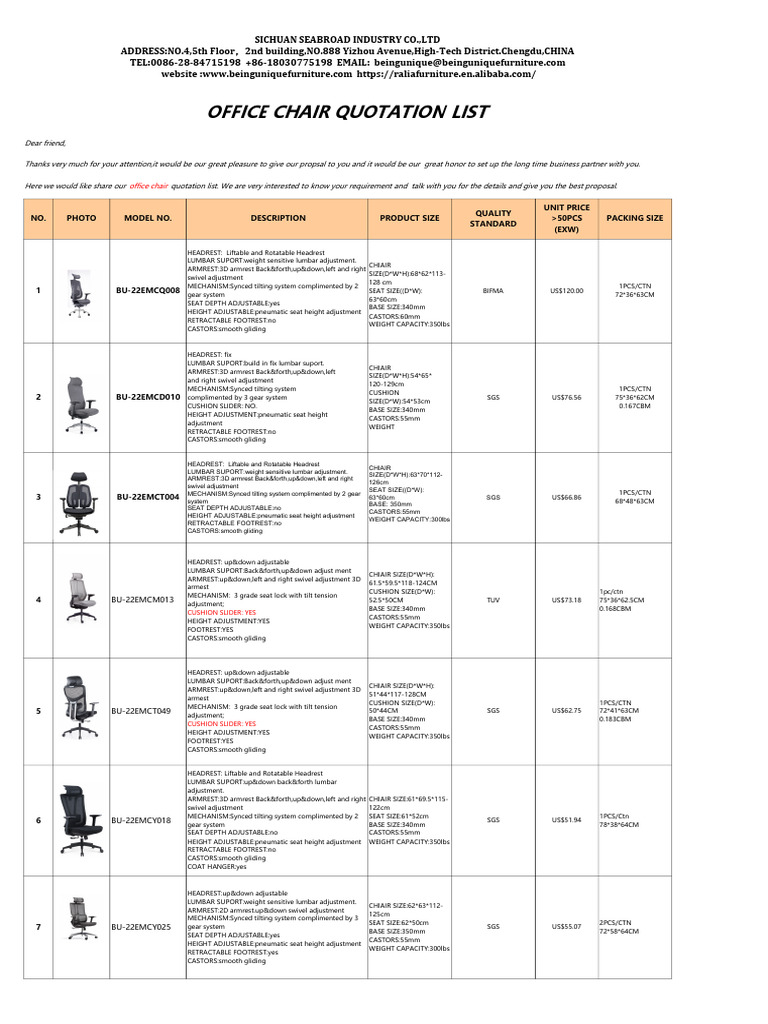 Office Chair Quotation List 2023 | PDF | Chair | Furniture