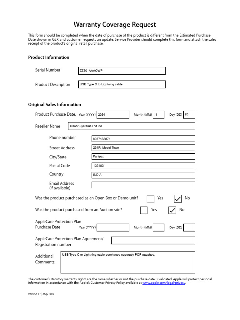 Warranty Coverage Update Request Form | PDF