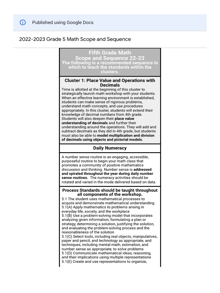 2022-2023 Grade 5 Math Scope and Sequence | PDF | Mathematics | Numbers