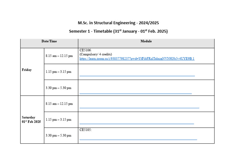 M.Sc. Structural Engineering Timetable 2025 | PDF