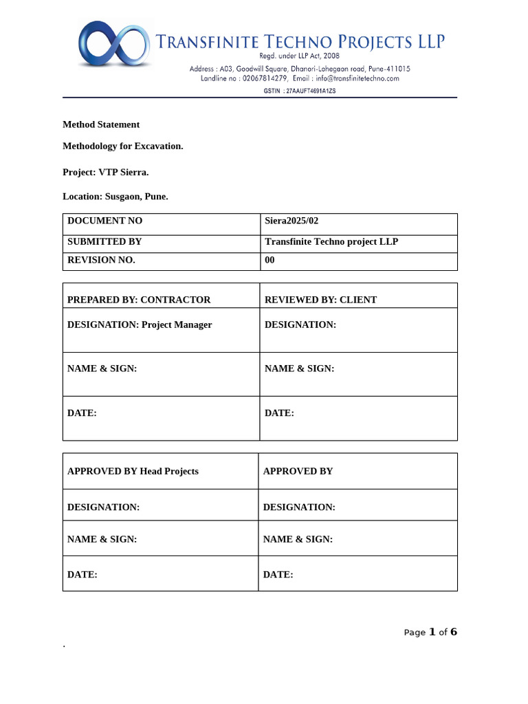 Excavation Method Statement for VTP Sierra | PDF | Safety | Soil