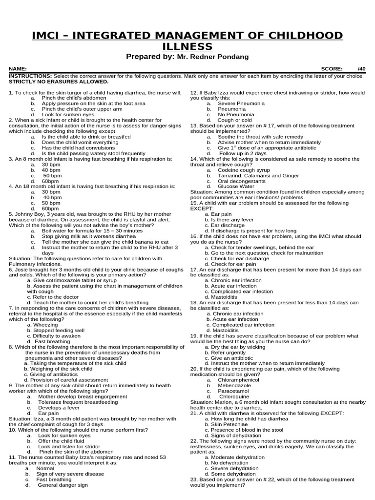 IMCI Childhood Illness Assessment Quiz | PDF | Diarrhea | Malaria