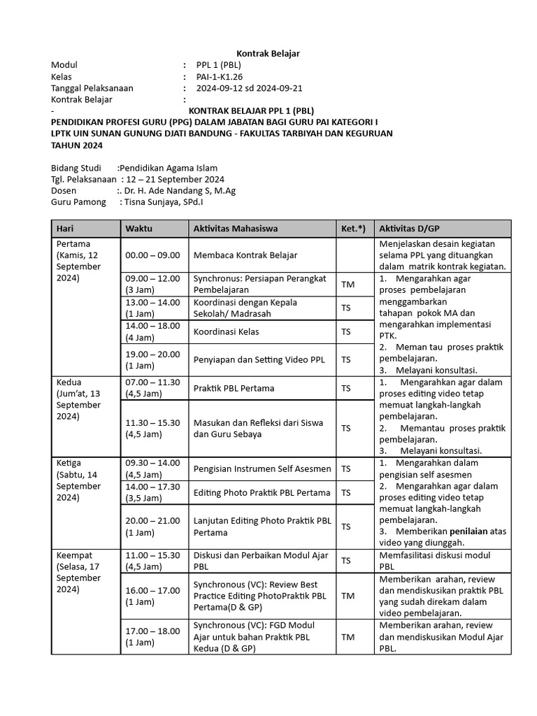 Kontrak Belajar PPL 1 PAI 2024 | PDF