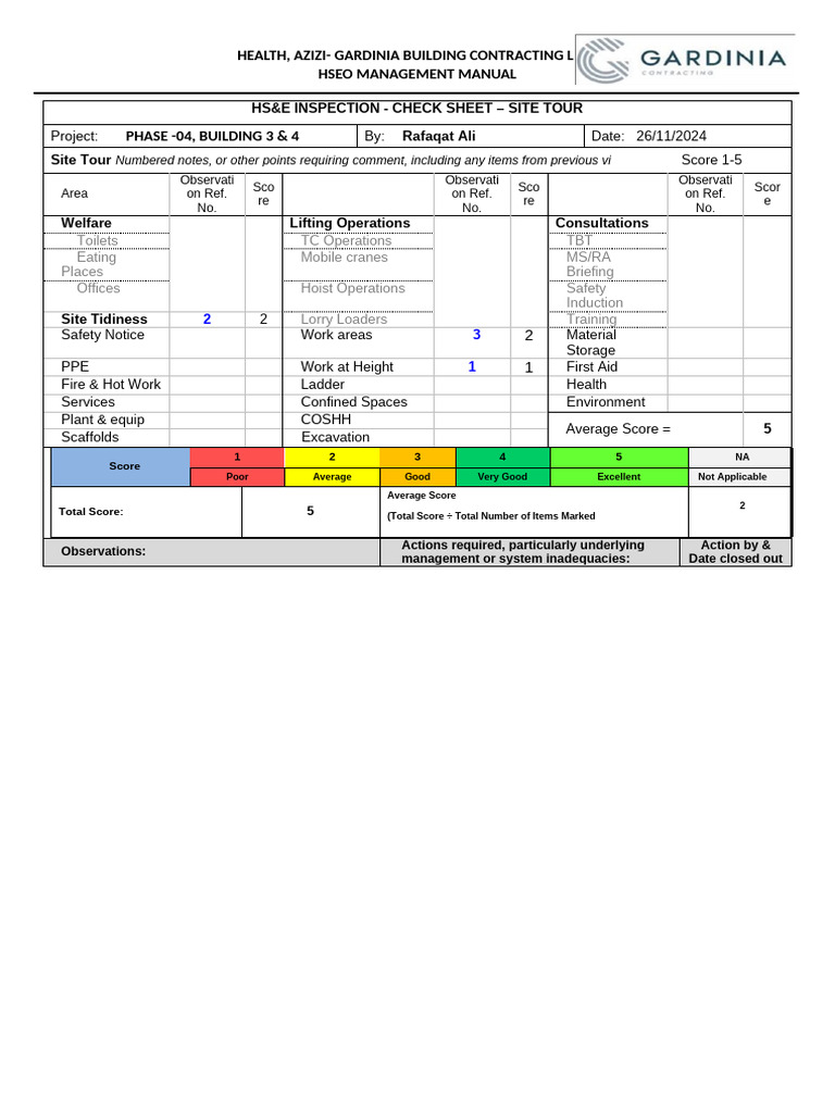 HSE Inspection Check Sheet for Site Tour | PDF | Safety | Occupational ...