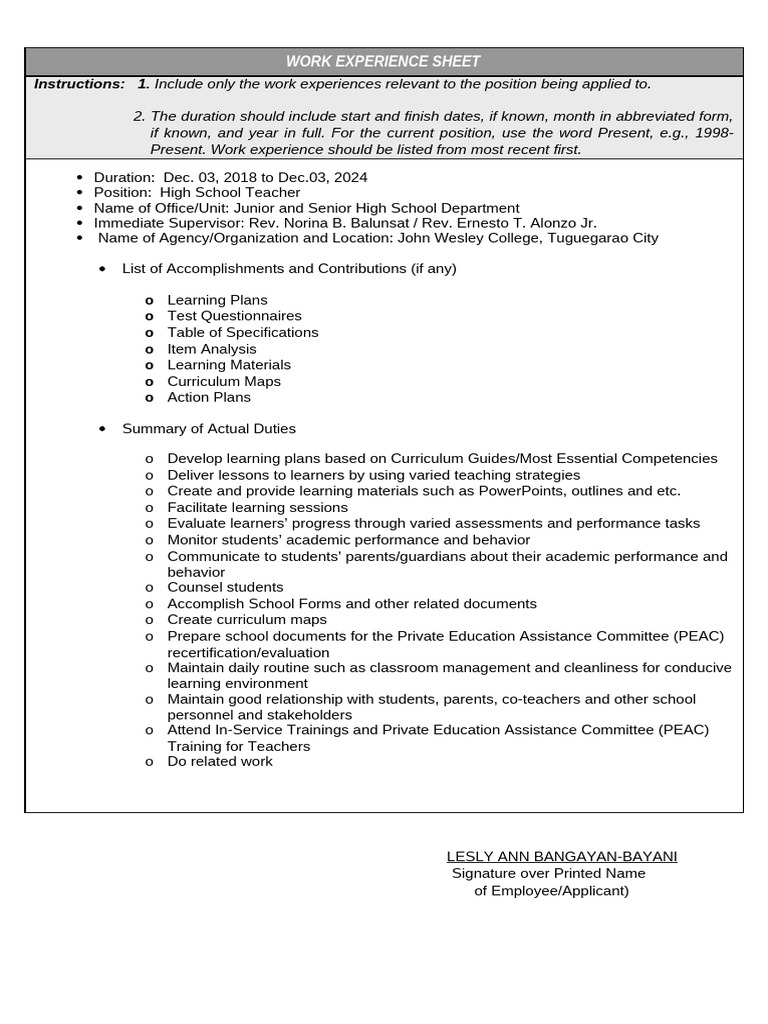 CS Form No. 212 Attachment - Work Experience Sheet | PDF | Learning ...