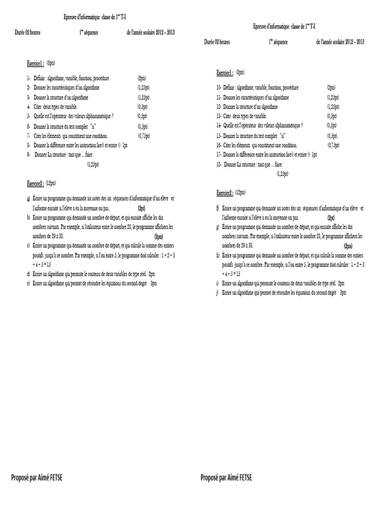 Épreuve d'informatique 1ère T-I 2012-2013 | PDF | Équation du second ...