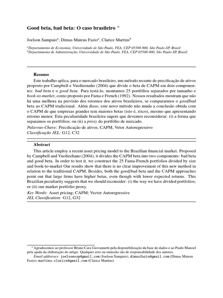 Análise do Good e Bad Beta no Brasil | PDF | Modelo de Precificação de ...