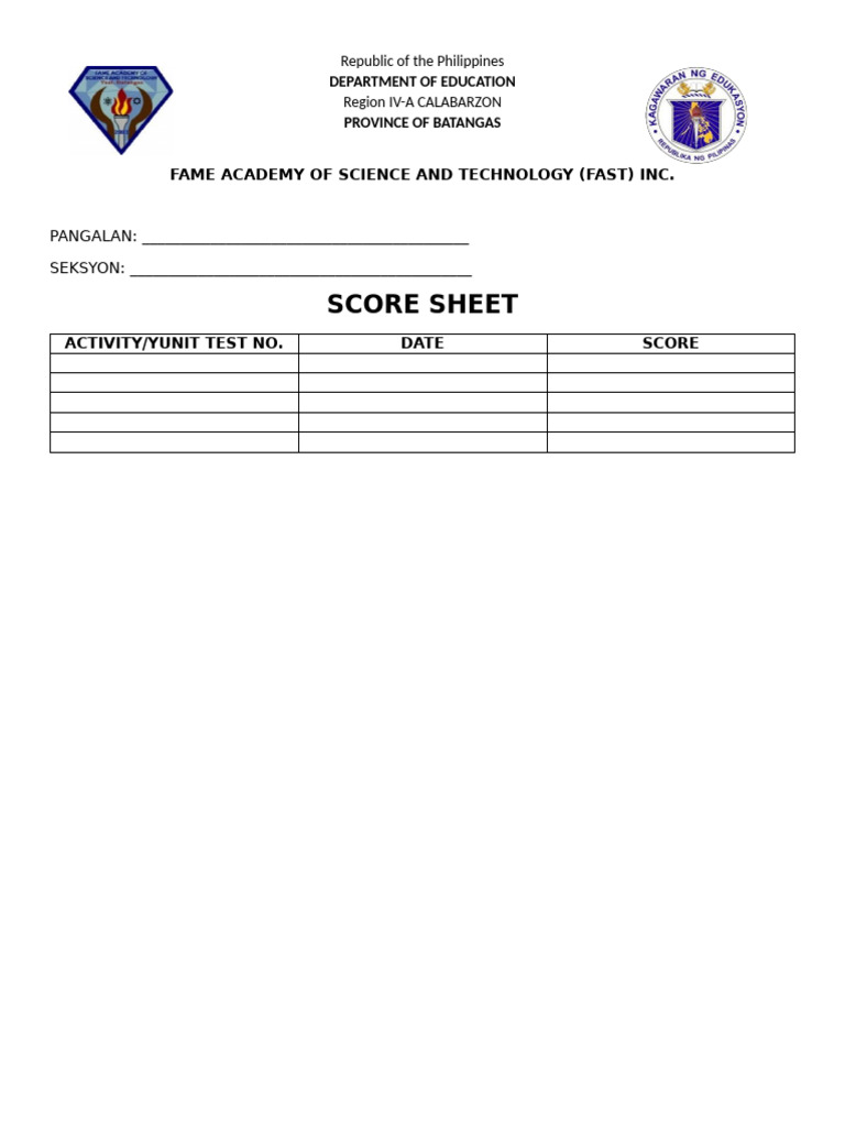 FAST Inc. Score Sheet Template | PDF