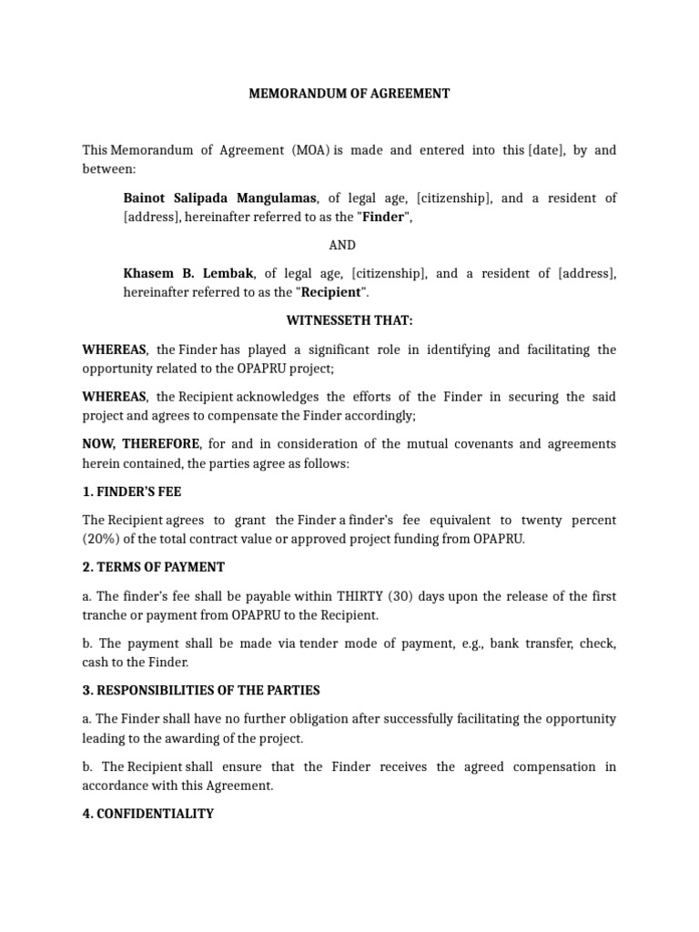 Memorandum of Agreement for Finder's Fee | PDF | Private Law | Justice