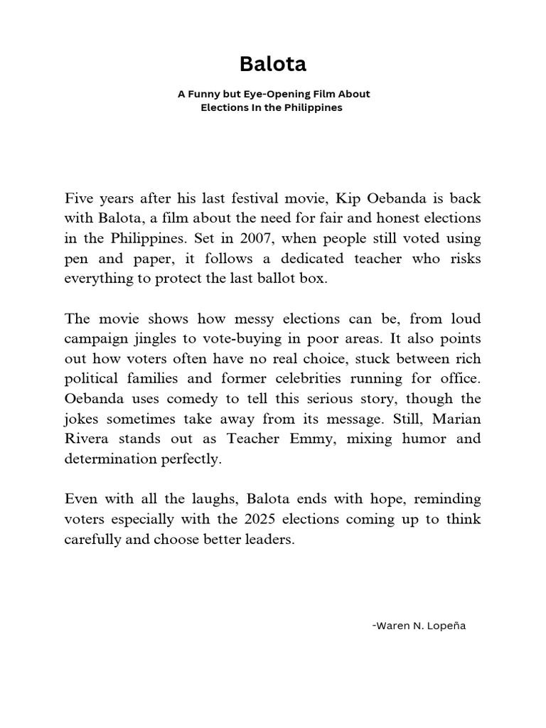 Balota: A Comedy on Philippine Elections | PDF