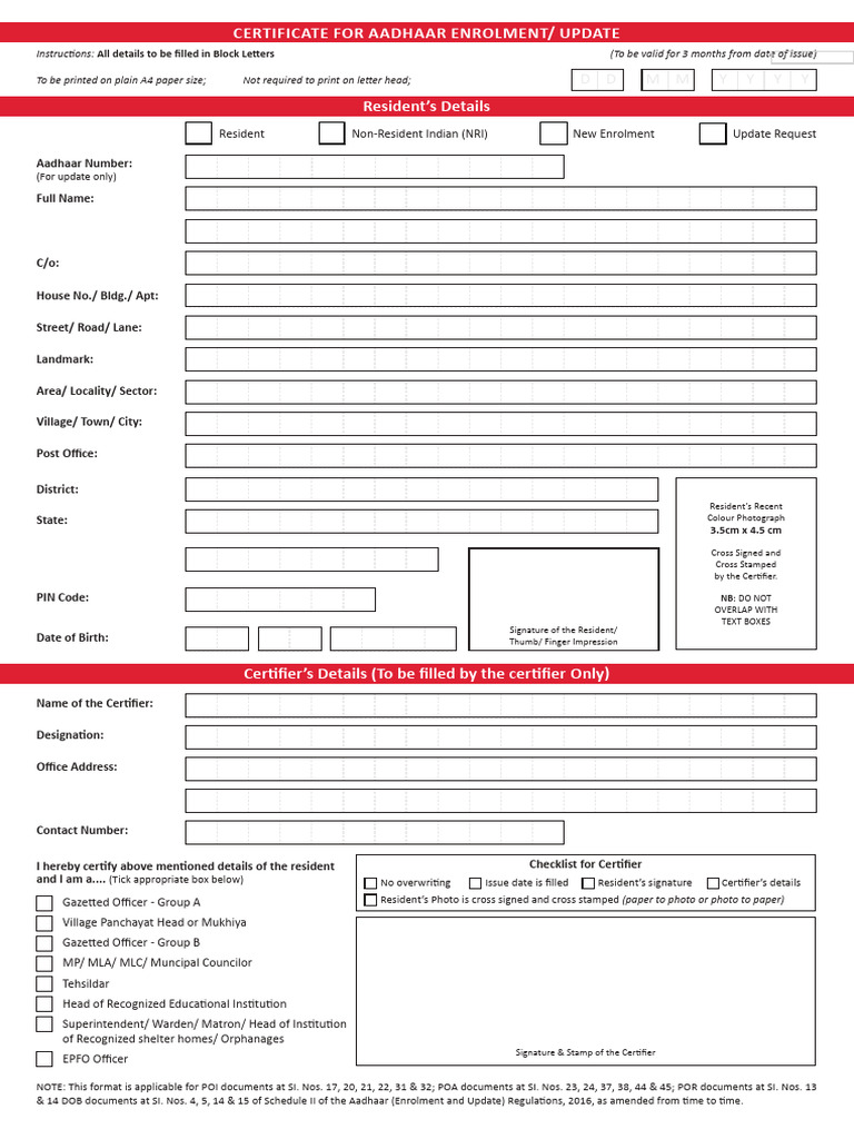 Aadhaar Update Certificate Guidelines | PDF