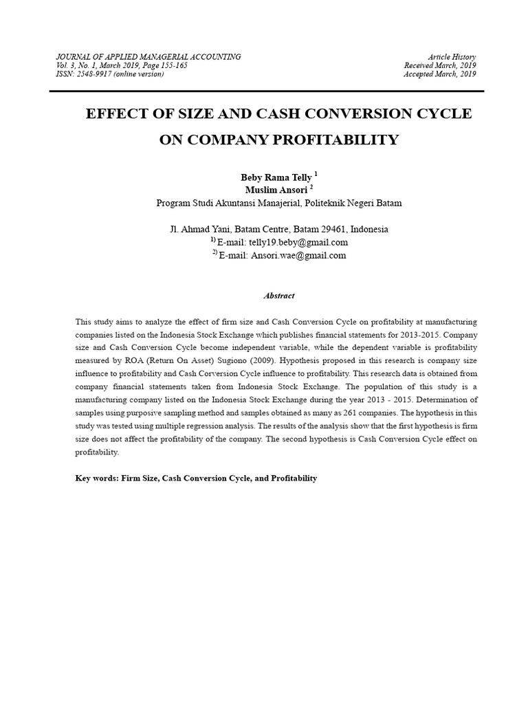 Effect Of Size And Cash Conversion Cycle Pdf Working Capital