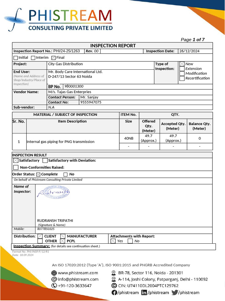 Inspection Report - Body Care International Ltd. | PDF | Pipe (Fluid ...