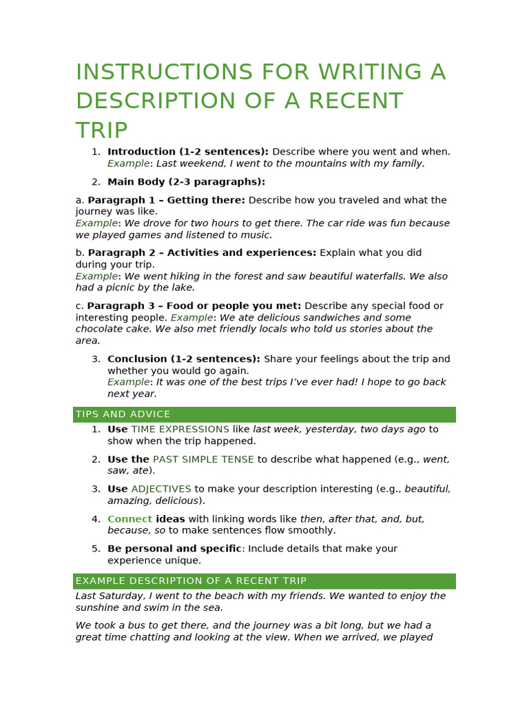 How to Write a Trip Description | PDF | Grammar | Linguistics