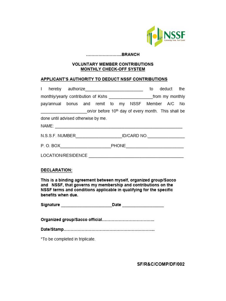 NSSF Voluntary Contribution Authorization Form | PDF