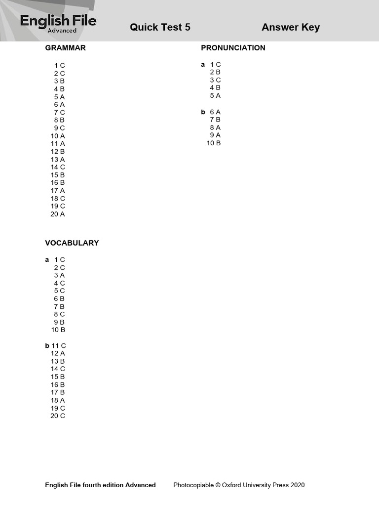 Quick Test 5 Answer Key | PDF