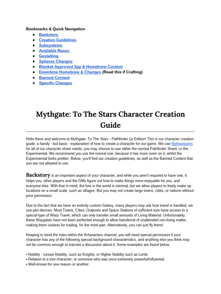 Character Creation Guide (Mythgate - To The Stars) | PDF