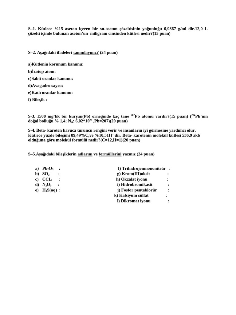 Kimya Örnek Sorular 2 | PDF