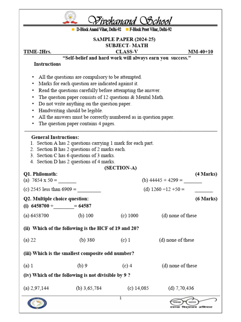 Class 5 Mat Sample Paper 28082024 152320 | PDF