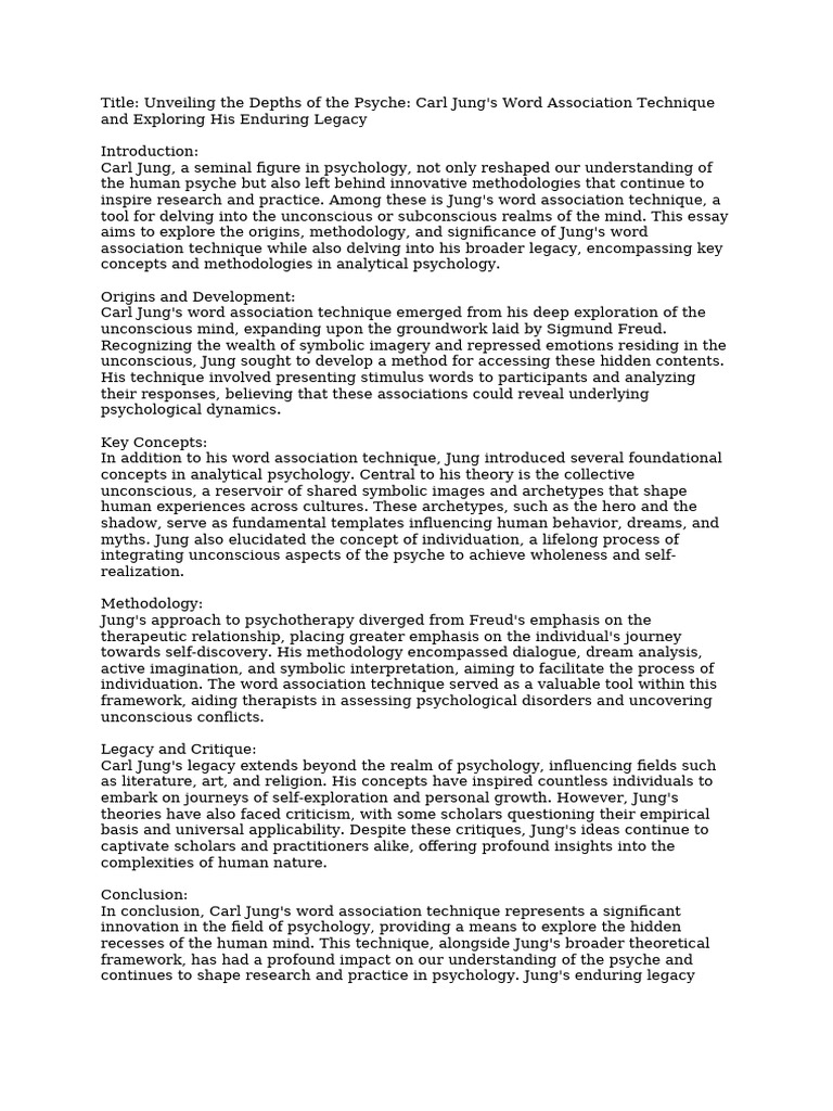 Jung's Word Association Technique Explained | PDF | Analytical ...