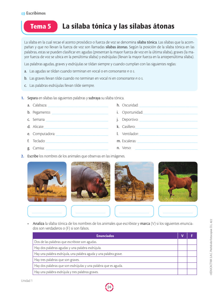 La Sílaba Tónica y Las Sílabas Átonas - 1RO | PDF