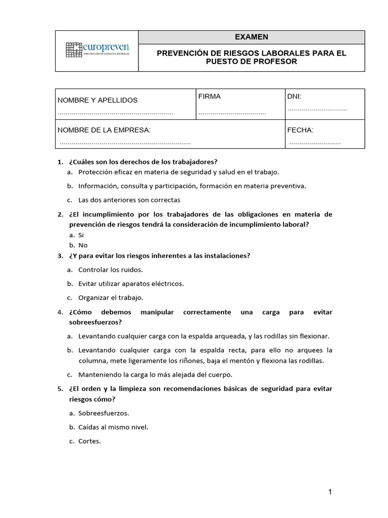 PRL - Examen Formación en PRL Profesor | PDF