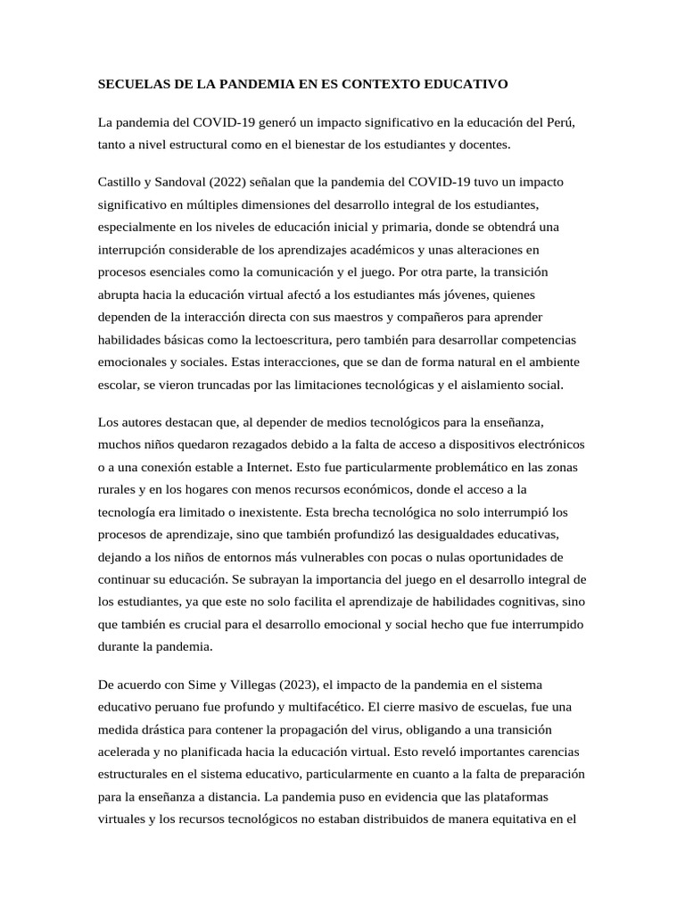 1 Secuelas de La Pandemia en Es Contexto Educativo | PDF | Enseñando ...