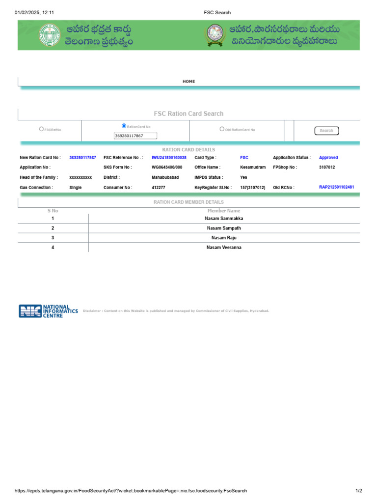 Ration Card Details for Mahabubabad | PDF