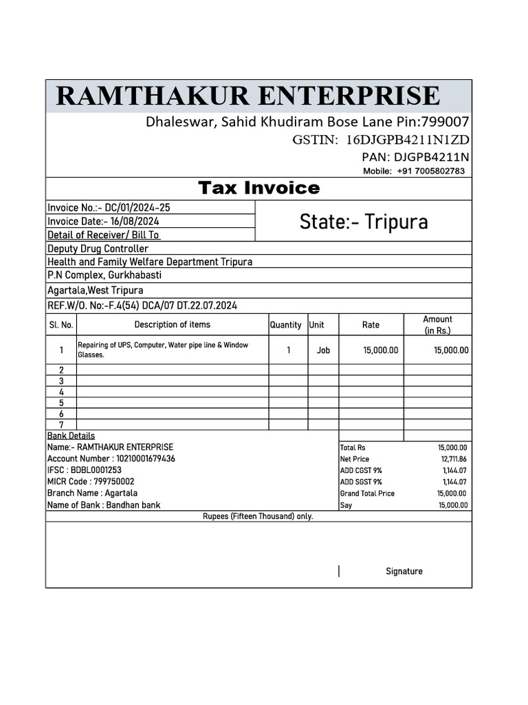 Tripura Health Department Invoice Details | PDF