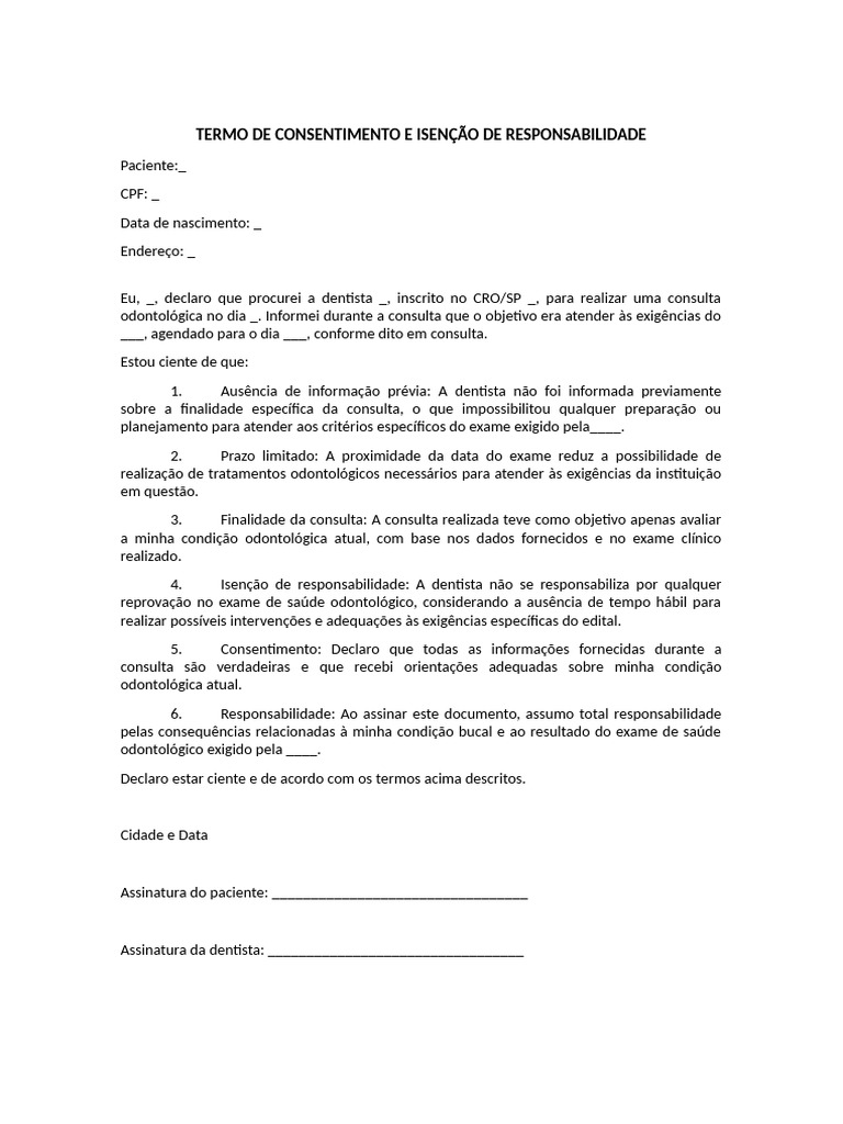 Termo de Consentimento Odontológico | PDF