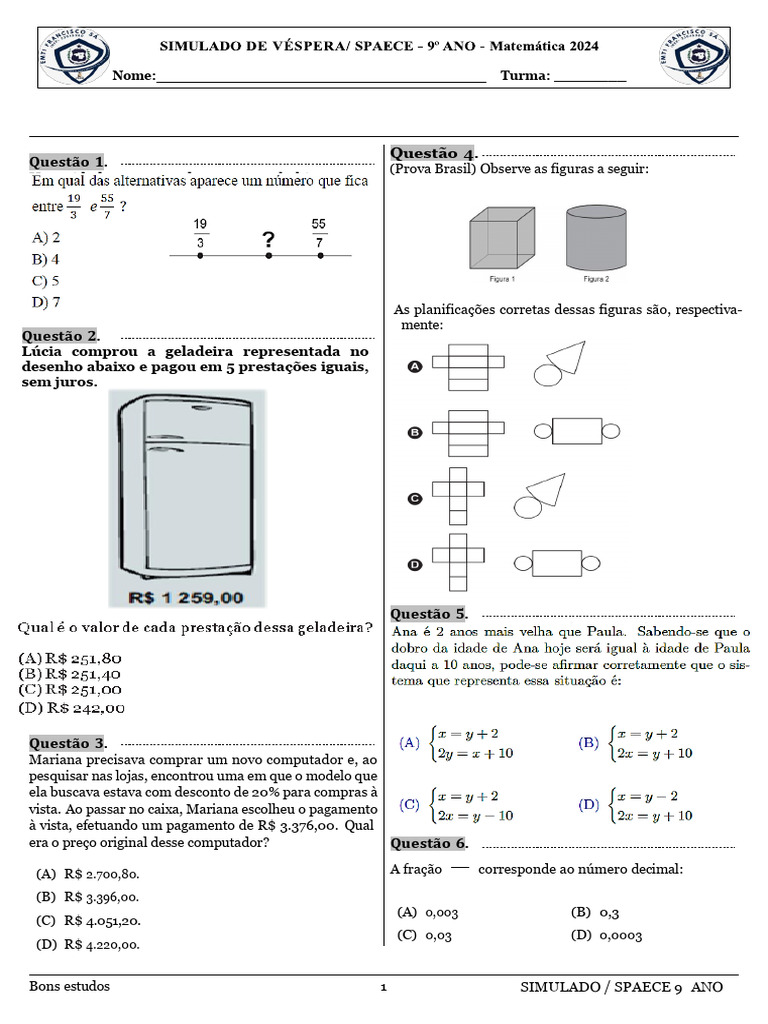 Simulado SPAECE 9º Ano 2024 | PDF
