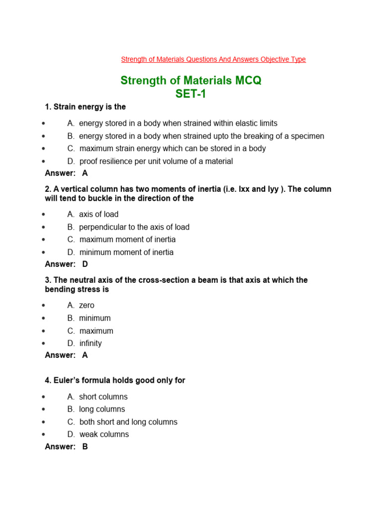 Strength of Materials MCQs and Answers | PDF | Bending | Stress (Mechanics)