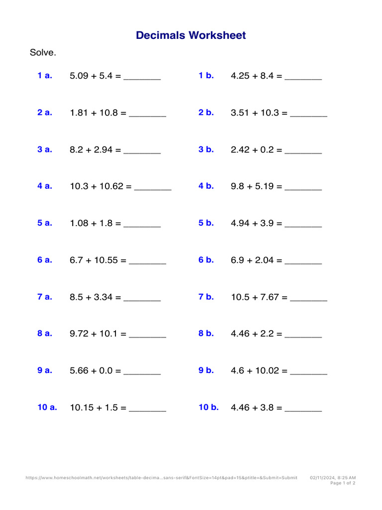 Decimals Addition Practice Worksheet | PDF