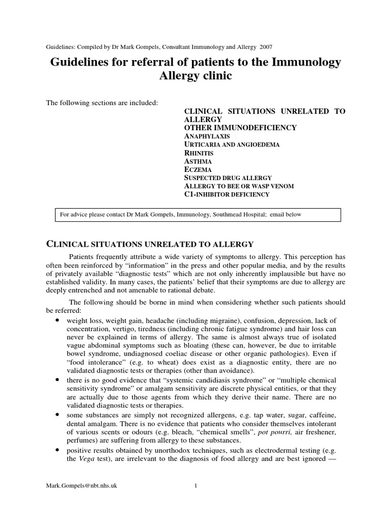 Immunology Allergy Referral Guidelines | PDF | Allergy | Allergen